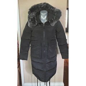 XLVV Black Long Puffer Sz M Coat Parka Jacket Women Winter Faux FurTrim Hood Zip